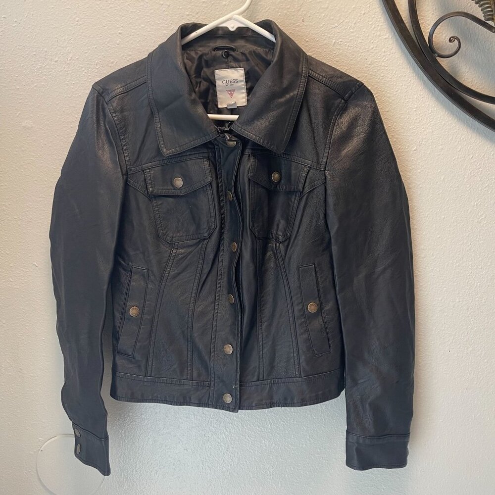 Guess Womens Black Faux Leather Jacket With‎ Snap Buttons Size S